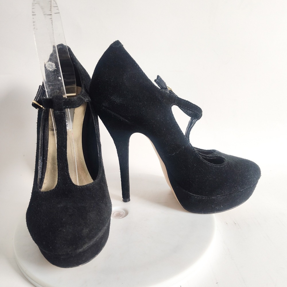 Steve Madden‎ Pumps Size 7 Black Suede T-Strap Platform Stiletto Heels